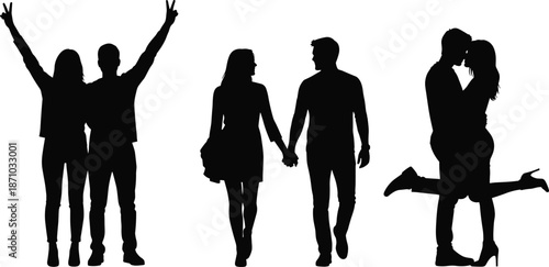 Silhouettes of three couples in romantic poses, expressing love, joy, intimacy, and emotional connection through gesture and movement