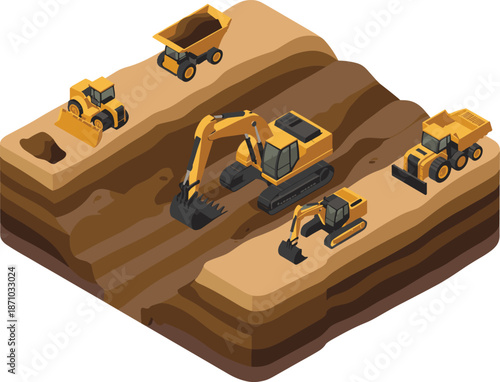 Isometric construction site, heavy machinery working, excavator digging soil, dump trucks loading earth, industrial equipment, earthmoving operation, 3D illustration concept