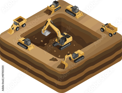Isometric construction site, heavy machinery working, excavator digging soil, dump trucks loading earth, industrial equipment, earthmoving operation, 3D illustration concept