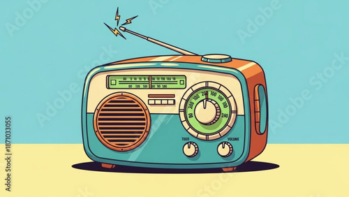 Vintage retro style radio with antenna and dials on a colorful background with vintage radio and retro radio and radio illustration and colorful radio