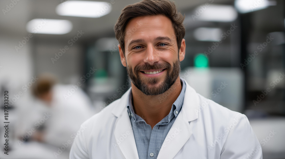 Fototapeta premium Scientific professional portrait, laboratory worker visualization, research specialist imagery, medical professional representation, clinical workspace setting, with copy space