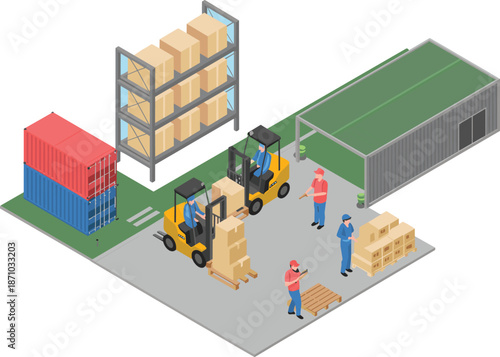 Isometric warehouse logistics illustration, forklift workers handling boxes pallets, storage facility with shipping containers