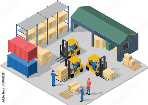 Isometric warehouse logistics illustration, forklift workers handling boxes pallets, storage facility with shipping containers