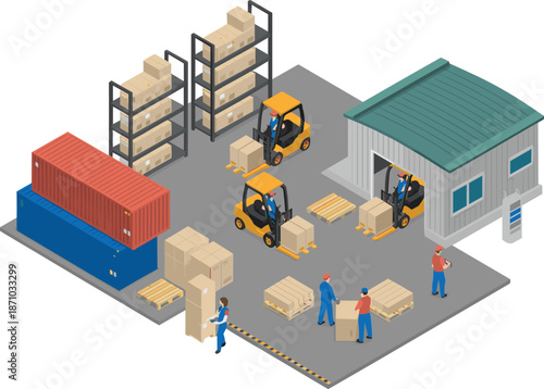 Isometric warehouse logistics illustration, forklift workers handling boxes pallets, storage facility with shipping containers