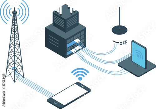 Isometric wireless communication network illustration showing cell tower server building router smartphone connectivity modern telecommunications infrastructure technology concept data internet