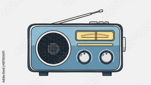 Vintage blue radio with yellow dials and antenna on white background for music and broadcasting concepts with electronics and retro and illustration
