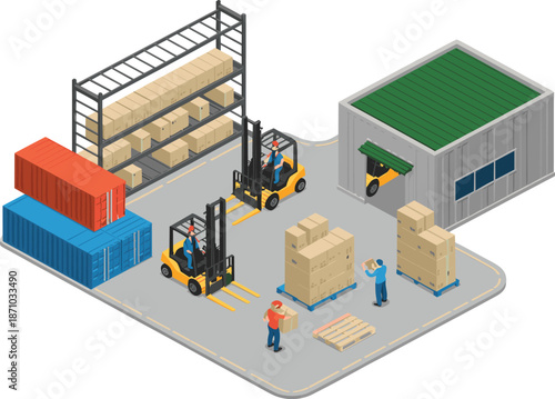 Isometric warehouse logistics illustration, forklift workers handling boxes pallets, storage facility with shipping containers