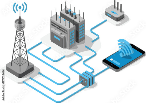 Isometric wireless communication network illustration showing cell tower server building router smartphone connectivity modern telecommunications infrastructure technology concept data internet