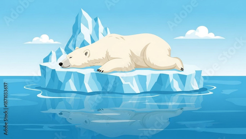 A polar bear sleeps peacefully on a melting iceberg floating in the arctic ocean with a clear blue sky and fluffy white clouds with climate change