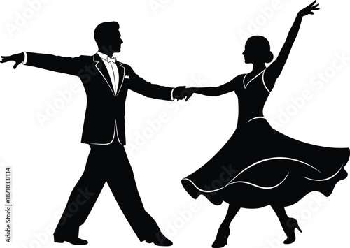 Elegant Silhouette of a Ballroom Dance Couple in Formal Attire Performing a Graceful Waltz Routine Isolated on a White Background