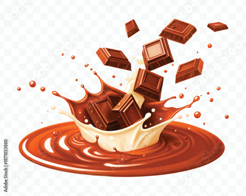 chocolate pieces falling on chocolate sauce and milk cream splash isolated on transparent background
