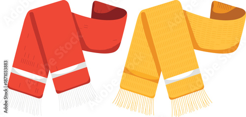 Knitted winter scarves illustration, red and yellow wool accessories, cozy fashion clothing, cold season apparel, flat vector design, isolated, background