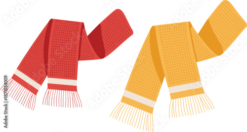 Knitted winter scarves illustration, red and yellow wool accessories, cozy fashion clothing, cold season apparel, flat vector design, isolated, background