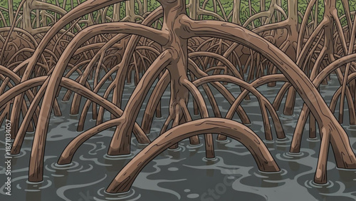 Mangrove roots in watery landscape with twisted trunks and branches illustration with nature and ecosystem and environment and coastal and wetlands