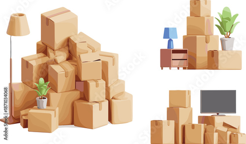 Moving boxes stacked in modern apartment, relocation concept, home interior items packed, cardboard storage, minimalist illustration, house moving day