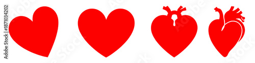 Set of red heart silhouettes including classic love hearts and anatomical heart shapes. Clean and minimalist symbols isolated on white background, suitable for romance, healthcare, emotion, or design.