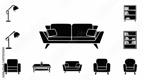 Collection of modern furniture silhouettes for interior design.