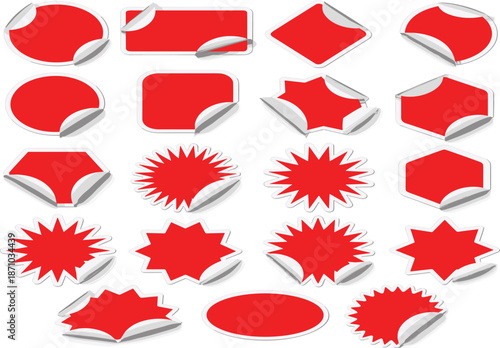 Red glossy sticker labels collection, sale promotion tags set, starburst badge shapes, peeling adhesive design, marketing elements isolated vector