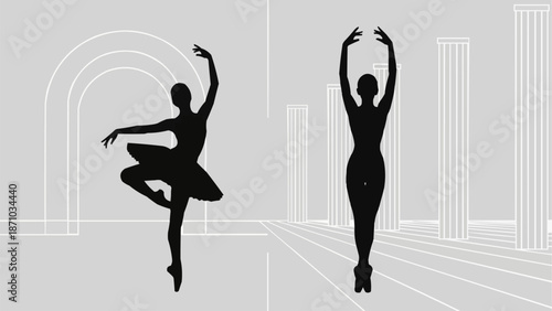 Two ballet dancers in silhouette performing graceful poses.