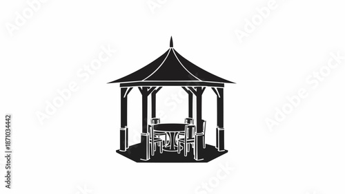 Silhouette of a garden gazebo with table and chairs.