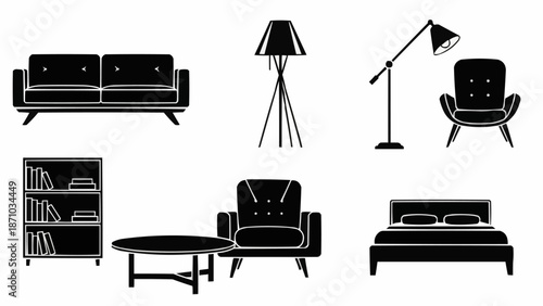 Collection of modern furniture silhouettes for interior design.