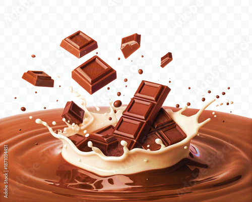 chocolate pieces falling on chocolate sauce and milk cream splash isolated on transparent background