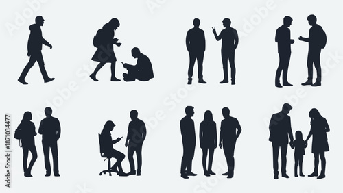 Collection of diverse human silhouettes in various poses and interactions.