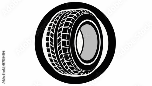 Black and white graphic of a car tire inside a circle.