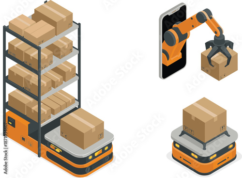 Smart warehouse automation, robotic arms handling packages, mobile delivery robots, logistics technology, inventory management, digital fulfillment system illustration for ecommerce