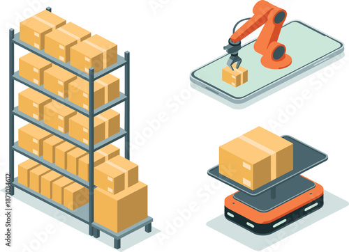 Smart warehouse automation, robotic arms handling packages, mobile delivery robots, logistics technology, inventory management, digital fulfillment system illustration for ecommerce