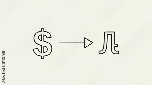 Dollar symbol transforms into yen symbol with arrow indicating exchange.