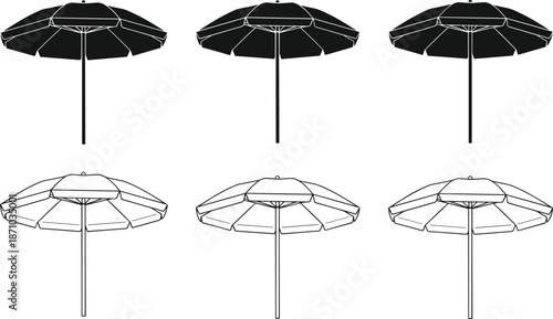 Set of black and white beach umbrella vector icons with minimalist line art style for summer vacation and outdoor furniture design.