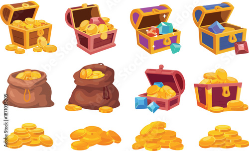 Treasure chest illustration set with gold coins, gems, pirate loot, fantasy game assets, cartoon icons, colorful vector design, collection, pack