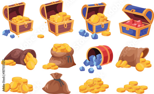 Treasure chest illustration set with gold coins, gems, pirate loot, fantasy game assets, cartoon icons, colorful vector design, collection, pack