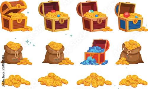 Treasure chest illustration set with gold coins, gems, pirate loot, fantasy game assets, cartoon icons, colorful vector design, collection, pack