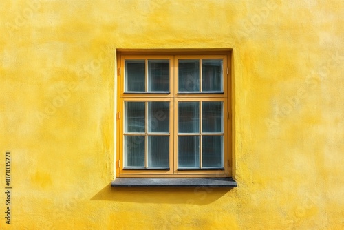 A vibrant yellow wall features a charming wooden window with multiple panes, creating a bright and inviting atmosphere.