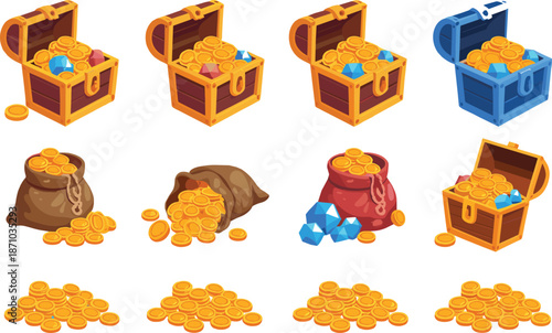 Treasure chest illustration set with gold coins, gems, pirate loot, fantasy game assets, cartoon icons, colorful vector design, collection, pack