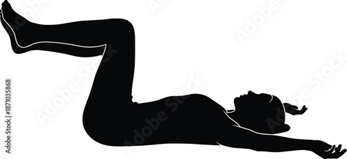 Silhouette of a woman in yoga pose lying on back with legs raised in 90 degree angle for fitness wellness