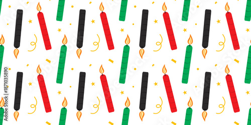 Red Green and Black Burning Candles and Tinsel Minimalist Flat Design Seamless Pattern Banner Format. Isolated Vector illustration Holidays Greeting Themed Card Backdrop Holidays Party invite, banners