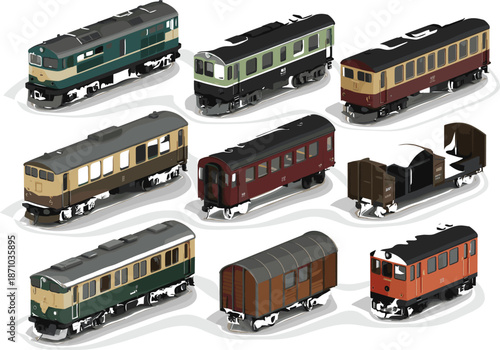 Vintage railway collection, classic locomotives and passenger carriages, freight wagons, historic trains, model transport, isolated rolling stock set for design