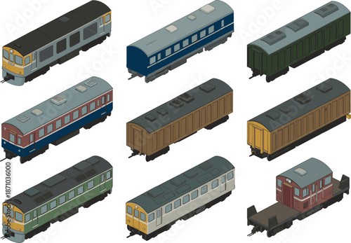 Vintage railway collection, classic locomotives and passenger carriages, freight wagons, historic trains, model transport, isolated rolling stock set for design