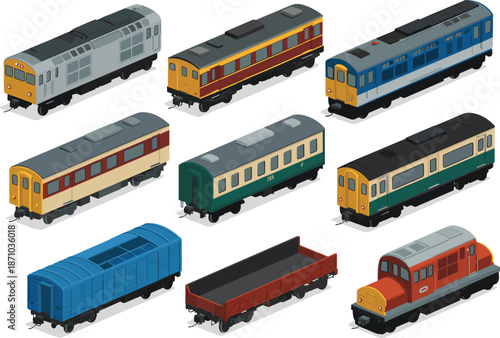 Vintage railway collection, classic locomotives and passenger carriages, freight wagons, historic trains, model transport, isolated rolling stock set for design