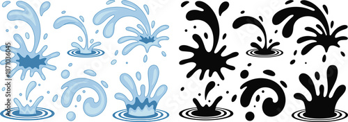 Water splash shapes illustration, liquid droplets and splashing effects, blue and black vector elements, cartoon fluid design isolated white background