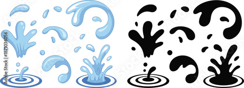 Water splash shapes illustration, liquid droplets and splashing effects, blue and black vector elements, cartoon fluid design isolated white background