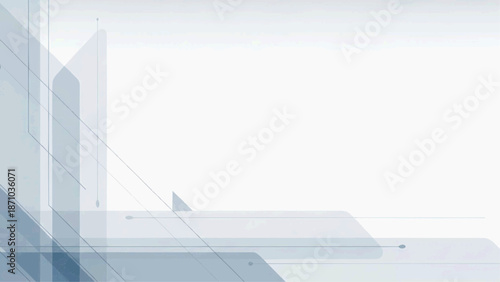 A futuristic architectural illustration of sleek glass buildings and transparent structures in a modern cityscape with geometric lines and minimalist design elements.