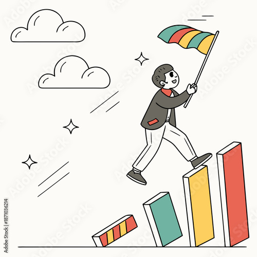 Cartoon man holding flag on of falling bar graph blocks