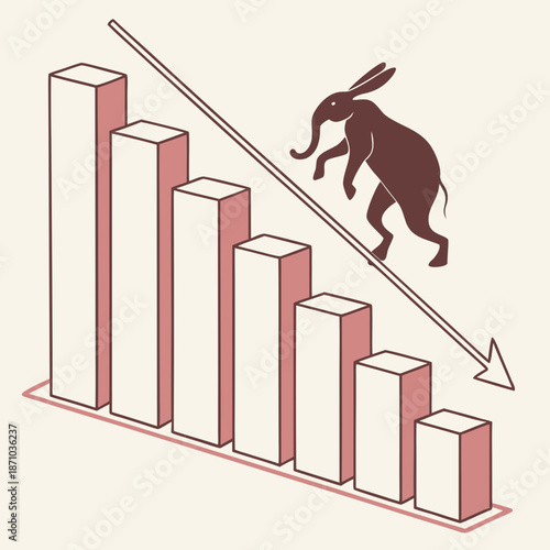 Decreasing bar chart with elephant jumping over falling line