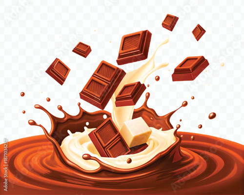 chocolate pieces falling on chocolate sauce and milk cream splash isolated on transparent background