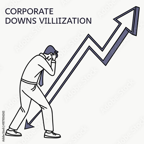 Man struggling with downward trend arrow corporate downsizing visualization
