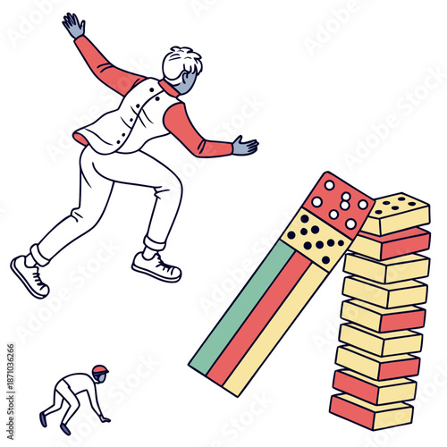 Falling blocks domino effect with man jumping